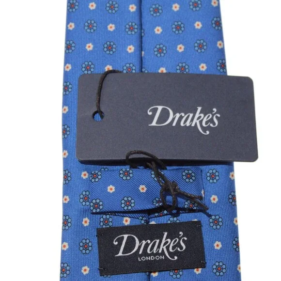 Drake's NWT Neck Tie in Blue with White & Orange Mini Floral Print 100% Silk